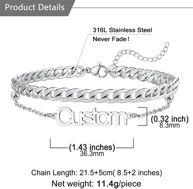 U7 Custom Layered Ankle Bracelets for Women Stainless Steel Bead/Cuban/Figaro/Rope/Wheat Chain Anklet Waterproof Anklet Jewelry for Beach Vacation