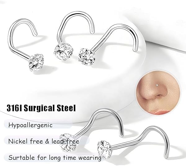 Nose Rings Studs: 8Pcs 20G Gold/Silver 316L Surgical Stainless Steel Nose Studs Hypoallergenic Corkscrew Nose Piercing Stud Jewelry for Women Men Clear Cubic Zirconia Imitation Diamond Top Size 1.5mm 2mm 2.5mm 3mm