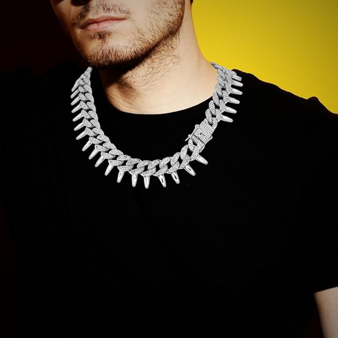 HH BLING EMPIRE Mens Gold Silver Plated Spike Cuban Link Chain Necklace and Bracelet Sets, Chunky Iced Out Diamond Miami Cuban Link Chains Hip Hop Jewelry