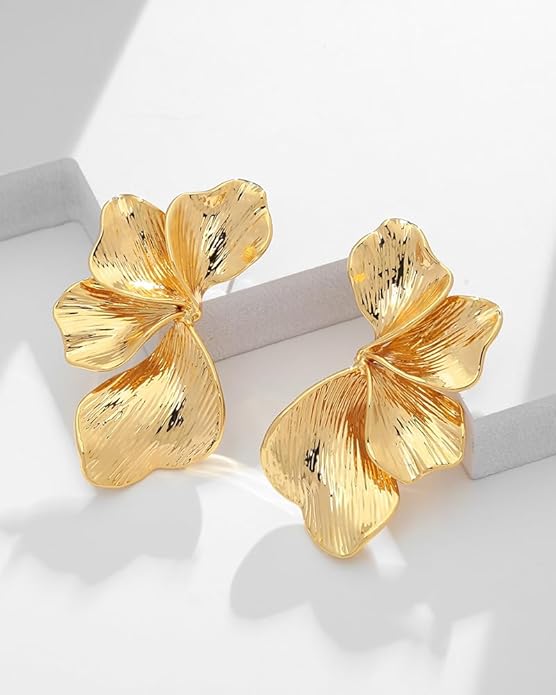 Chunky Gold Statement Earrings For Women Gold Plated Sectored Flower Leaf Shell Angel Wing Earrings Large Stud Earrings Hypoallergenic Earrings
