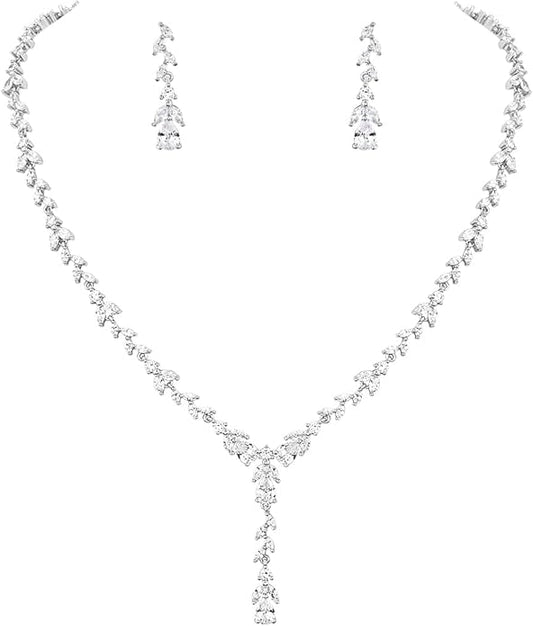 MEEDOZ Bridal Wedding Jewelry CZ Set Marquise Teardrop Cubic Zirconia Pendant Necklace and Dangle Earring Bracelet Sets for Women