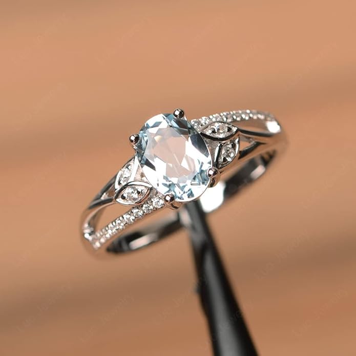 925 Sterling Silver Oval Shaped 8X6 MM Gemstone Ring Leaf Engagement Ring for Women Jewelry