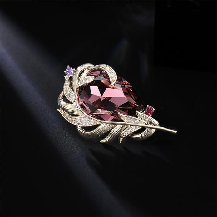14K Gold Vintage Crystal Feather Brooch, Moissanite Detailing, Chic Statement Pin for Coats and Fashion Ensembles