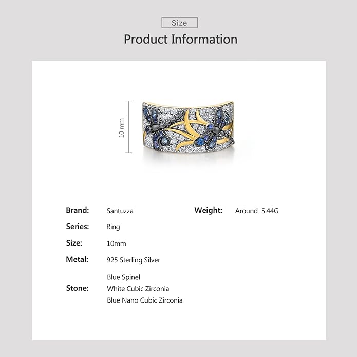 Santuzza 14K Gold Plated Dragonfly Ring Cubic Zirconia 925 Sterling Silver Butterfly Ring