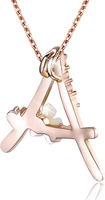 Flower Initial Letter Necklace Pink Red Blue Simulated Pearl Pendant Name Jewelry Made with Austrian Crystals Rose Gold Plated Anniversary Birthday Gifts for Women,18"+2"