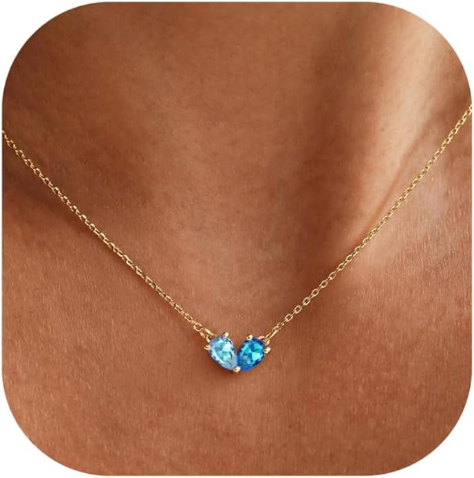 KOHOTA Gold Birthstone Necklace for Women Non Tarnish 14K Gold Plated CZ Heart Pendant Necklaces Dainty 2 Birthstones Emerald Green Charm Necklace for Mother and Daughter Birthday Jewelry Gifts