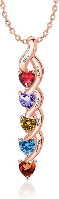 MissNaNa Sterling Silver Personalized Mothers Necklace with Simulated Birthstones Engraved 1-6 Children Names Custom Love Heart Pendant Family Necklace for Women Mother's Day Birthday