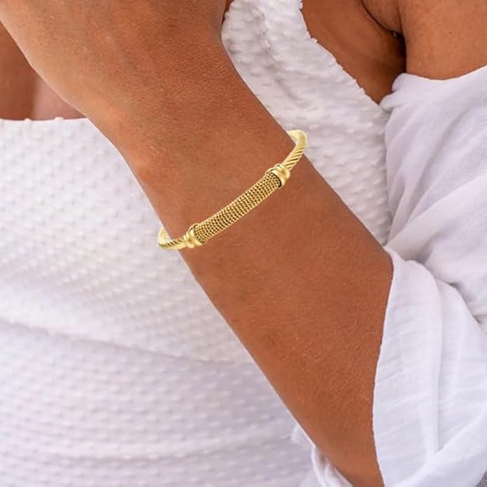 Twisted Cable Bangle Bracelet for Women Gold Plated Lightweight Adjustable Open Cuff Vintage Chunky Jewelry Gift for Her Mom Sister Birthday Christmas