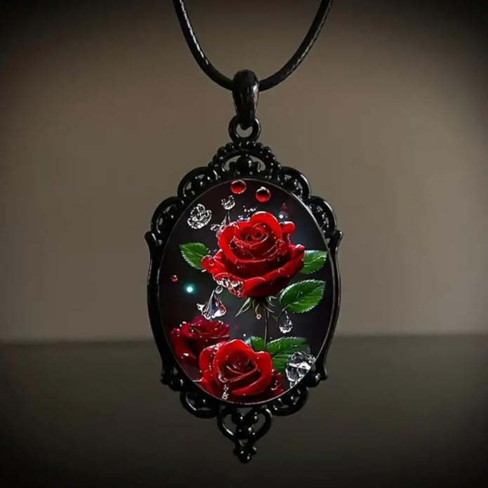 Gothic Rose Glass Necklace for Women Vintage Satan Demon Pendant Halloween Roses Necklaces Dark Punk Style Necklace Victoria Emboss Necklaces Mystic Witch Jewelry Gift Accessories