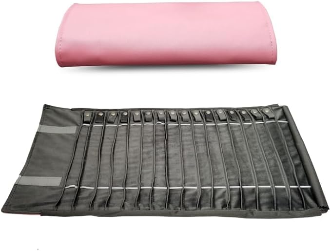 SCIKHEFT Portable Jewelry Roll Untangled Secure Necklace Travel Storage Bag Displays Holder 16 Chain (Pink PU and gray velvet)