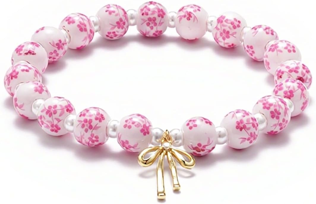 Beads Bow Charm Bracelet for Women Flower Vintage Bracelet Handmade Stretch Beaded Dainty Romantic Jewelry Gifts
