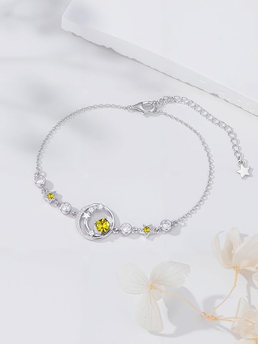 Moon and Star Birthstone Charm Link Bracelet 925 Sterling Silver Moon and Star Bracelet with 12 Months Birthstone Birthday Jewelry Gifts for Women Mom Her,Chain Length 7"+2" Extend