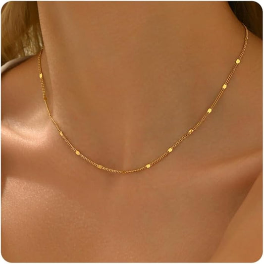 Gold Chain Necklace for Women Dainty 18K Gold Plated Thin Satellite Beaded Turquoise Necklace Simple Gold Boho Jewelry