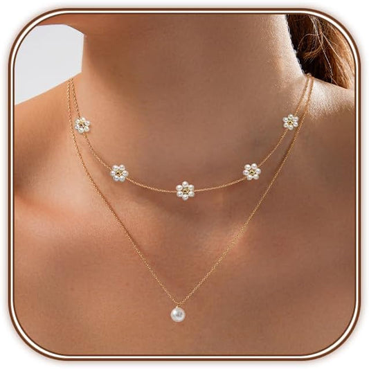 Zeffy Gold Pearl Necklace for Women, Dainty 14K Gold/Silve Plated Layered Pearl Choker Pearl Earrings Pearl Bracelets Wedding Trendy Gold Jewelry Set for Women Gifts