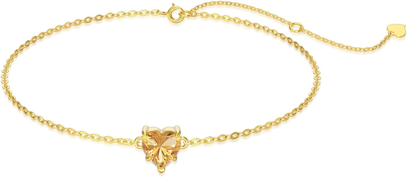 14k Gold Love Heart Gemstone Bracelet for Women,7MM Heart-cut Created Birthstone Anniversary Birthday Mother's Day Bracelets Jewelry for Mom Her 6.5''+2''