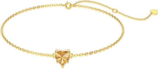 14k Gold Love Heart Gemstone Bracelet for Women,7MM Heart-cut Created Birthstone Anniversary Birthday Mother's Day Bracelets Jewelry for Mom Her 6.5''+2''