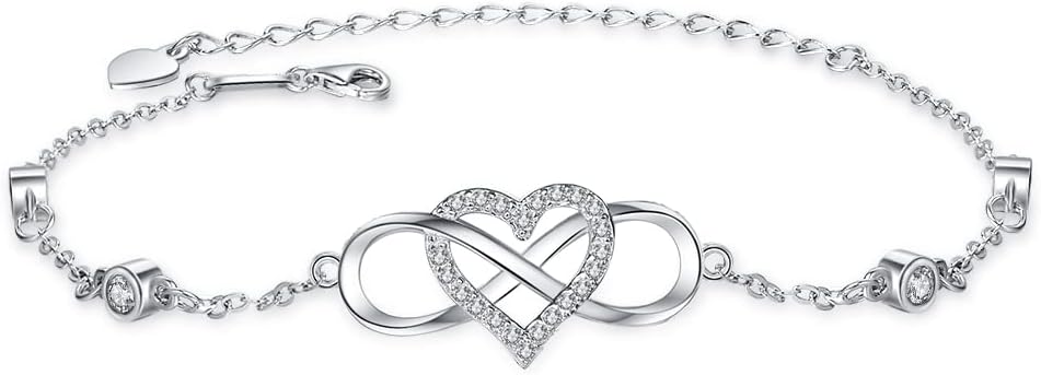 S925 Sterling Silver Ankle Bracelet for Women,Infinity Anklet with Heart Design Charm Jewelry Mother's Day Gifts for Women Mother
