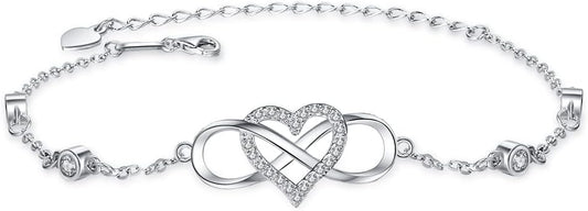 S925 Sterling Silver Ankle Bracelet for Women,Infinity Anklet with Heart Design Charm Jewelry Mother's Day Gifts for Women Mother