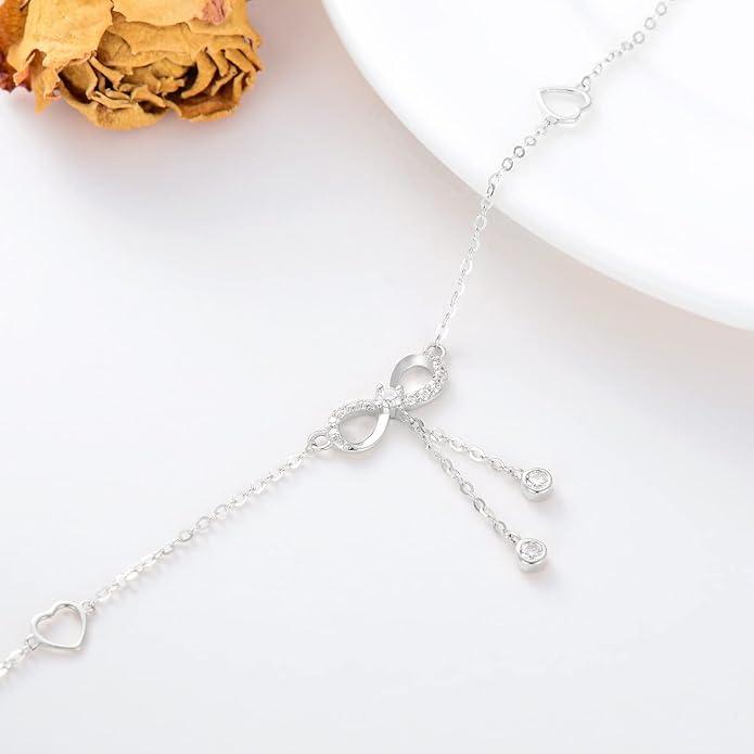 14K Solid Gold Heart Infinity Anklet for Women,Real Gold Dainty Moissanite Infinity Heart Anklets Beads Station Anklet Foot Link Anniversary Birthday Jewelry Gifts for Wife Mom 8''+2''