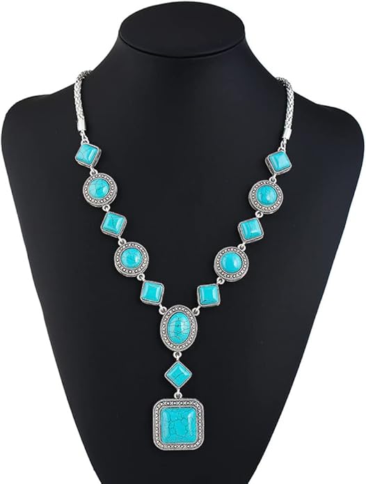 Bohemian Turquoise Necklace Set - Women's Western Jewelry with Long Choker, Pendant, Dangle Earrings, Layered Bracelets