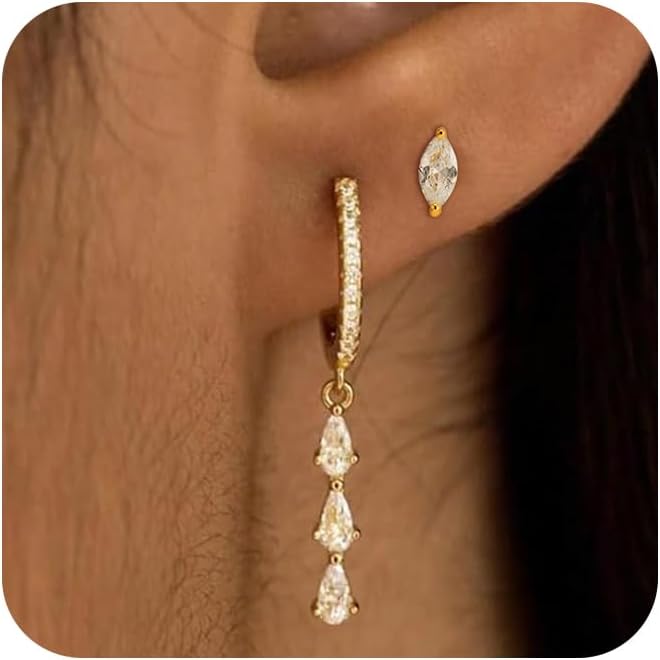 2 Pairs Gold Huggie Hoop Earrings for Women 14k Gold Plated Diamond Stud Earrings Set Drop Dangle Hypoallergenic Cubic Zirconia Flat Back Earring Gold Jewelry for Women Gift