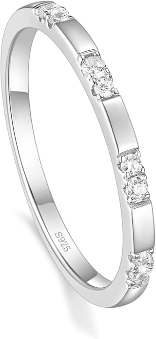 Arvaleff 925 Sterling Silver Rings for Women Ladies Wedding Band V Shaped Heatbeat Pattern Cubic Zirconia Engagement Eternity Ring Thin Stackable Comfort Fit Size 4-12