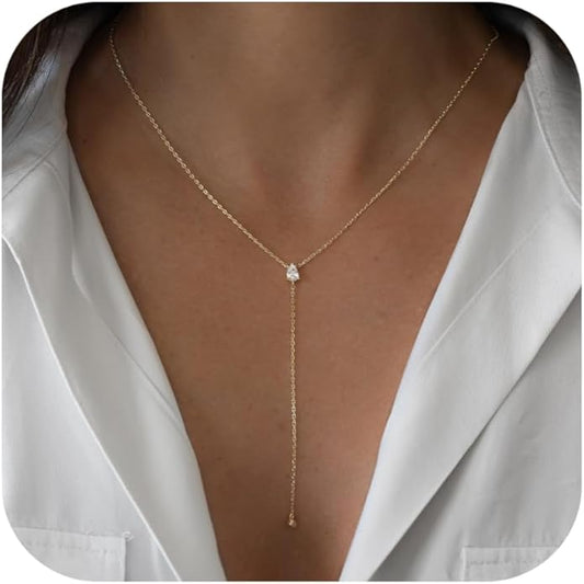 Lariat Necklace for Women, Dainty Long Necklaces, 14k Gold/Silver Plated Y-Shaped Drop Chain Necklace, Simple Layered Necklaces, Trendy Jewelry Gifts for Her