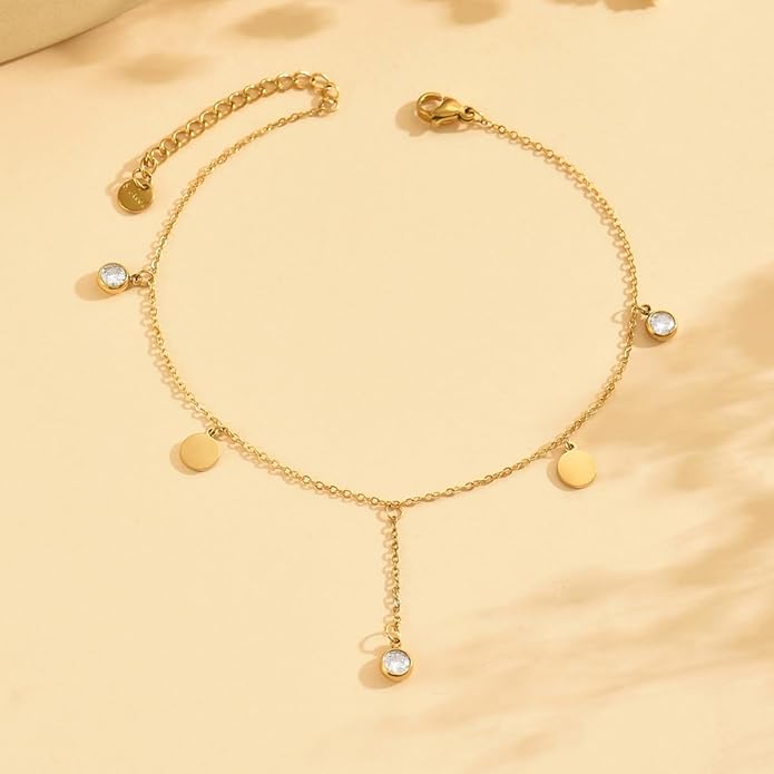 Anklet Bracelets for Women 18K Gold Plated Tennis Anklets Dainty Sapphire Paperclip Pearl Sequin Droplet Adjustable Large Anklet Bracelets Simple Beach Summer Waterproof Foot Jewelry