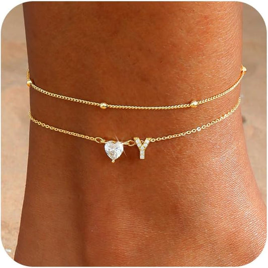 CAROVO Gold Ankle Bracelets for Women Waterproof 14K Real Gold Plated CZ Initial Anklet for Women Dainty Layered Letter A-Z Heart Ankle Bracelets Handmade Adjustable Anklet Summer Beach Jewelry