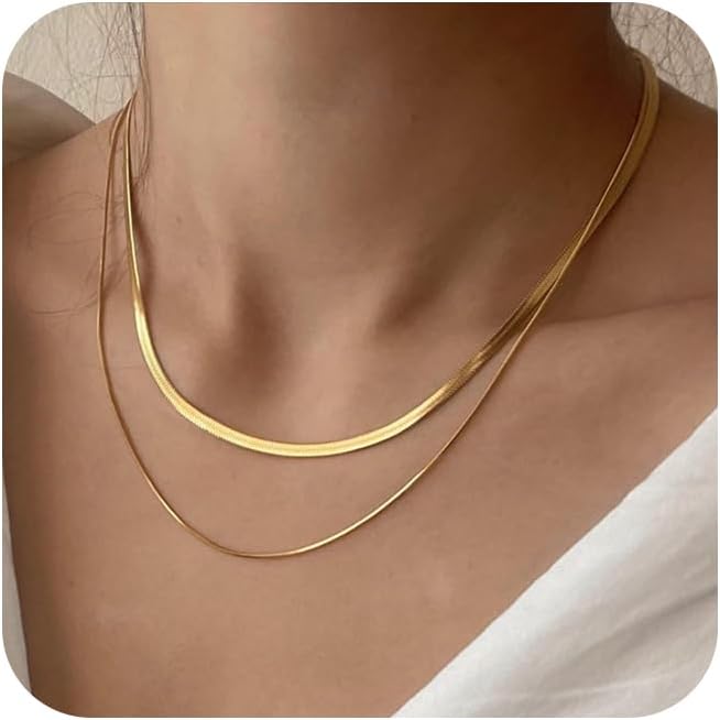 Tewiky Layered Necklaces for Women Non Tarnish- Chunky 14k Gold Plated Herringbone/Snake/Rope/Box/Cuban Link Chain for Women Waterproof Layering Stack Choker Necklace Trendy Dainty Tarnish Free Jewelry Set