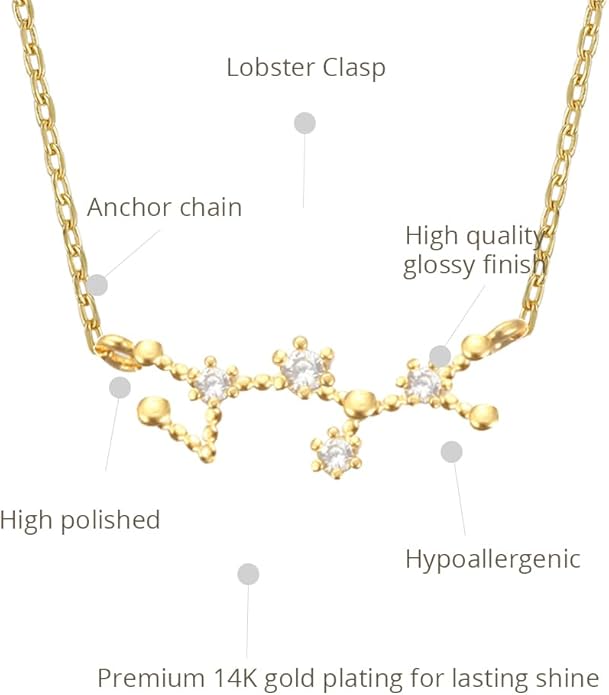 Zodiac 18K Gold Plated CZ Necklace With Message Card, Yellow Gold Color, Anchor Chain, Best Gift Necklace, Size 16 inch + 2 inch Extender, Pendant, Constellation, Gift Card