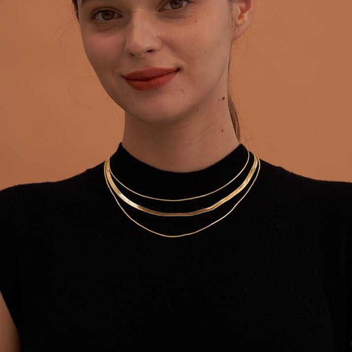 CHESKY 14K Gold/Silver Plated Snake Chain Necklace Herringbone Necklace Gold Choker Necklaces for Women Gifts Jewelry 1.5/3/5MM(W) 14"/16"(L)