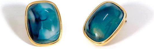 M.DUN- Round Edges Rectangle Shape Studs Earring. Abalone Amber Turquoise Resin Stone Design, 18k Real Gold Plated Bezel, Hypoallergenic Gorgeous Gift for Women