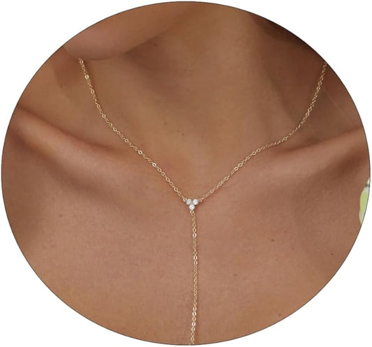 Gold Y Necklace for Women 14K Gold Plated Y-Shaped Drop Necklaces CZ Long Necklace Cubic Zirconia Pendant Layered Long Lariat Necklace Women Jewelry