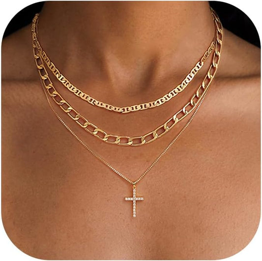 Layered Necklace for Women 14K Gold Plated Dainty Paperclip Herringbone Pearl Cross Pendant Necklace Stack，Layering Chain Cuban Figaro Rope Chain Choker Trendy Gold Jewelry Gift