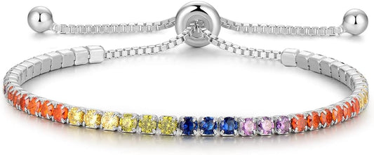 Sterling Silver Birthstone Tennis Bracelets for Women 2.5mm Tennis Bolo Bracelet Fashion Jewelry Birthday Gifts for Women Mom Wife | Adjustable Size 9"