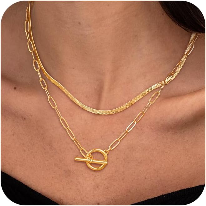 CHESKY 14K Gold Plated Layered Herringbone Necklaces for Women, Trendy Paperclip Snake Chain Necklace Cuban Link Simple Chunky Toggle Clasp Necklace Set Fashion Jewelry