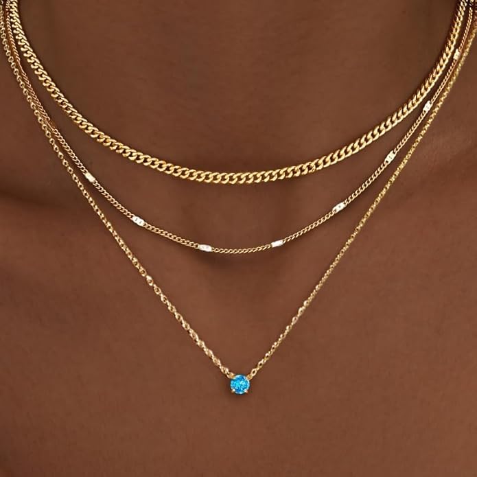 WomenGifts Layered Gold Necklaces for Women, 14K Gold Sterling Silver Plated Dainty Pendant Necklace Set with Cubic Zirconia Circle, Chunky Stackable Cuban Chain Choker, Trendy Personalized Birthstone Jewelry Gift Non Tarnish