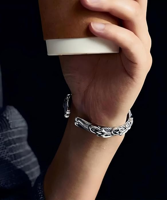 Kim Carrey S925 Sterling Silver Bracelet, Open Bangle Cuff Design, Men's Stacked Bracelets Gift Jewelry for My Man
