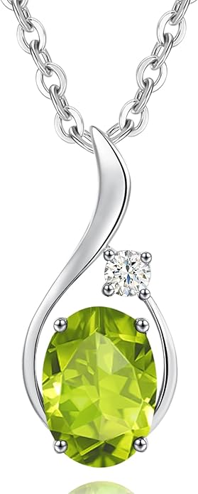FANCIME 14K Solid White Gold Oval Gemstone Necklace with Diamond Pendant Gifts for Mom Women,16"+2" Inches