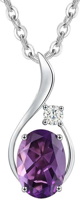FANCIME 14K Solid White Gold Oval Gemstone Necklace with Diamond Pendant Gifts for Mom Women,16"+2" Inches