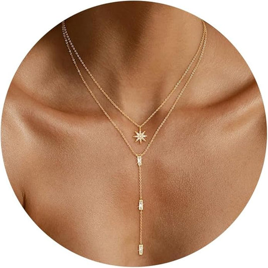 CHESKY Lariat Gold Necklace for Women Trendy, Dainty Long Necklace 14k Gold Plated/Silver Y-Shaped Pendant Necklace Layered Cz Beaded Chain Drop Necklaces Simple Gold Jewelry For Women Gift