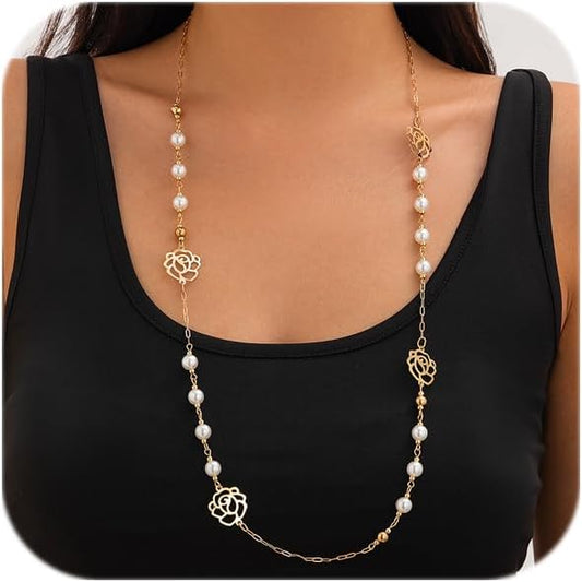 Long Pearl Necklaces for Women Pearl Long Chain Necklace Dainty Gold And Long Pearl Necklaces Layered Pearl Necklace Statement Sweater Strand Chain Jewelry