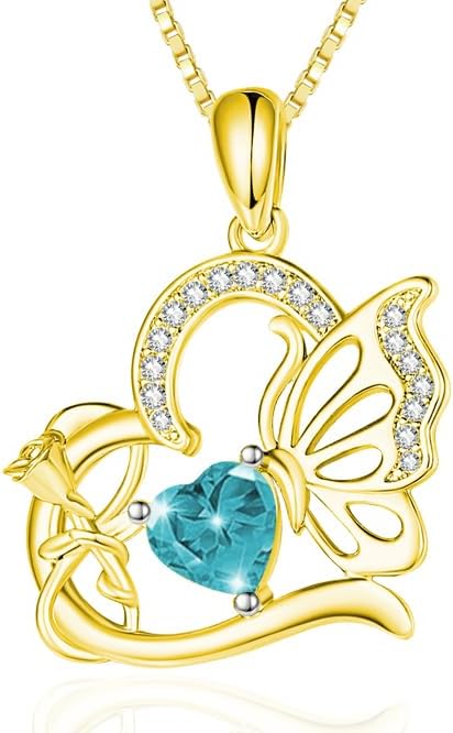 Birthstone Heart butterfly Necklace for Women, Infinity Pendant 14K Gold /18K White Gold Womens Necklaces, Jewelry Anniversary Birthday Christmas Gifts for Her Mom Wife﻿