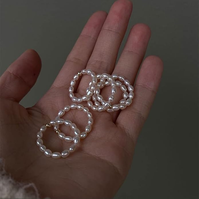 Vintage Boho Cultured Pearl Adjustable Beaded Wrap Ring,Trendy Elastic Freshwater Pearl Rings for Women,Fashion Heart Shell Stacking Rings for Men