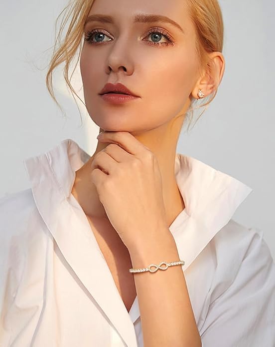 Imitation Diamond Infinity Tennis Bracelet for Women 3mm, 18K Gold Vermeil Moissanite Adjustable Bracelet, Skin-friendly .925 Sterling Silver Bolo Chain for Wrist Measuring 4"-9.5", D Color VVS1 Lab-created Diamond Jewelry Gift for Women