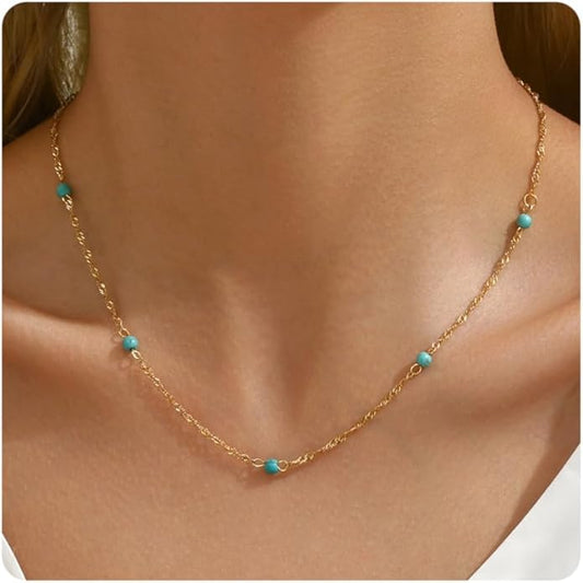 Gold Chain Necklace for Women Dainty 18K Gold Plated Thin Satellite Beaded Turquoise Necklace Simple Gold Boho Jewelry