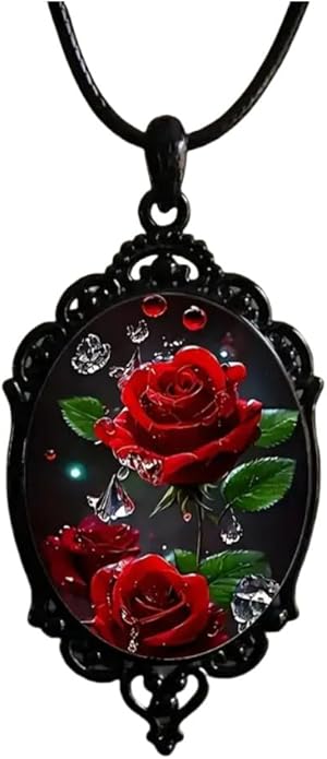 Gothic Rose Glass Necklace for Women Vintage Satan Demon Pendant Halloween Roses Necklaces Dark Punk Style Necklace Victoria Emboss Necklaces Mystic Witch Jewelry Gift Accessories