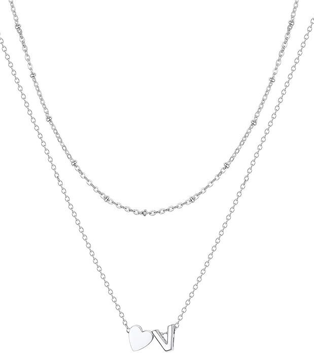 FOCALOOK Layered Initial Necklace for Women, 14K Gold Plated Choker Necklaces Stacks with Initial A-Z, Dainty Silver Heart Pendant Necklace Personalized Birthday Women Jewelry