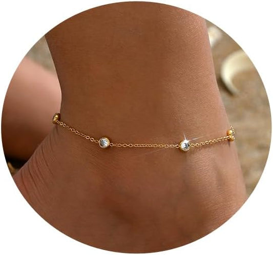 Dainty Ankle Bracelets for Women 18K Gold Plated Satellite Beaded Herringbone Chain Anklets Simple Lip Chain Anklet Minimalist Summer Beach Foot Jewelry Christmas